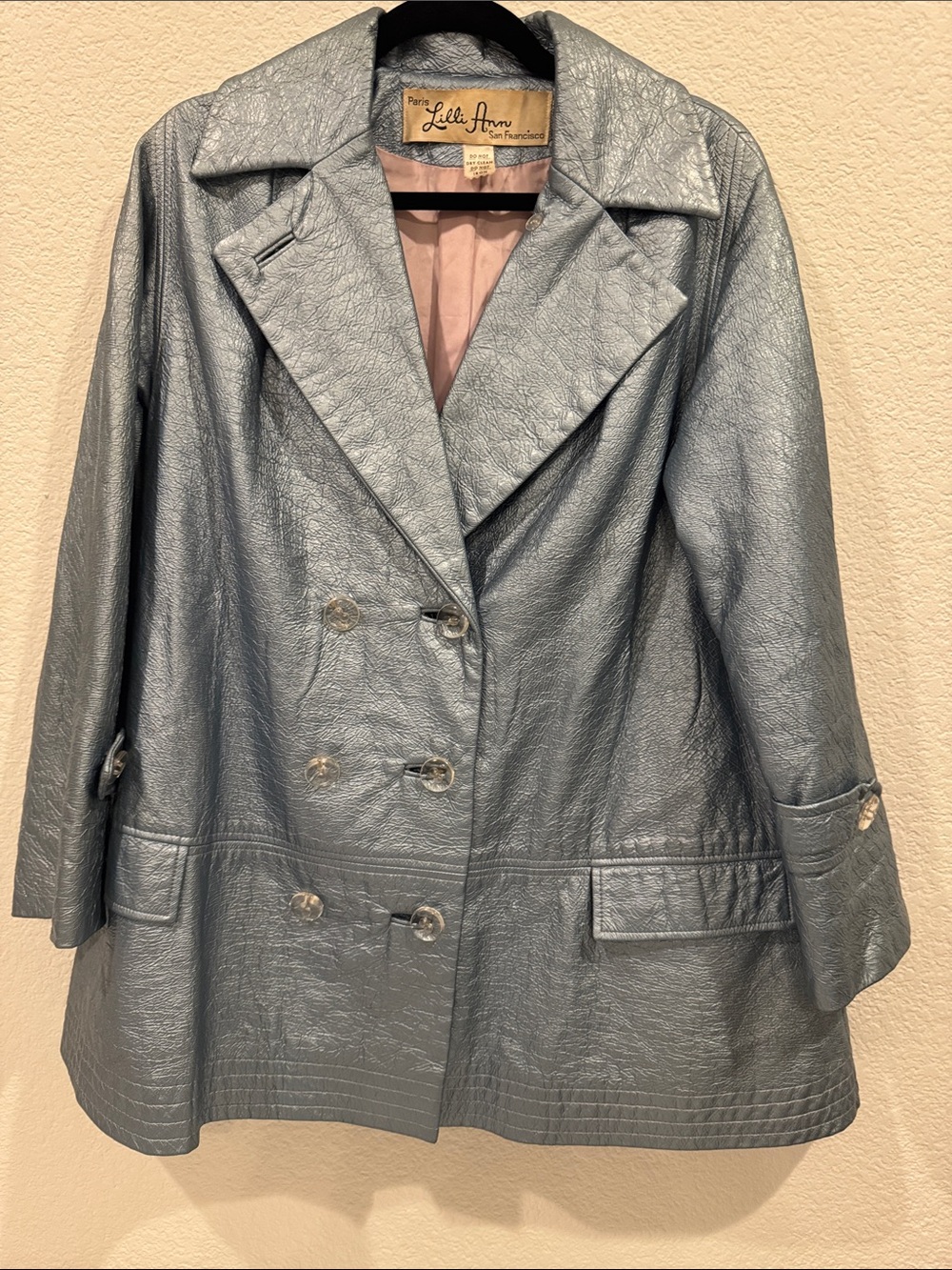 VTG 70s Lilli Ann Metallic Crackle Statement Coat Blue Silver